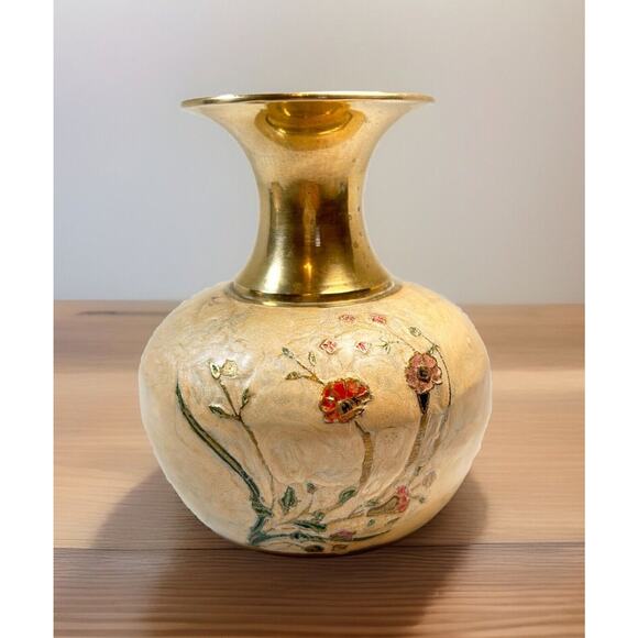 Solid Brass Enameled Cloisonne Vase Flowers 5" India Heavy - Picture 1 of 10